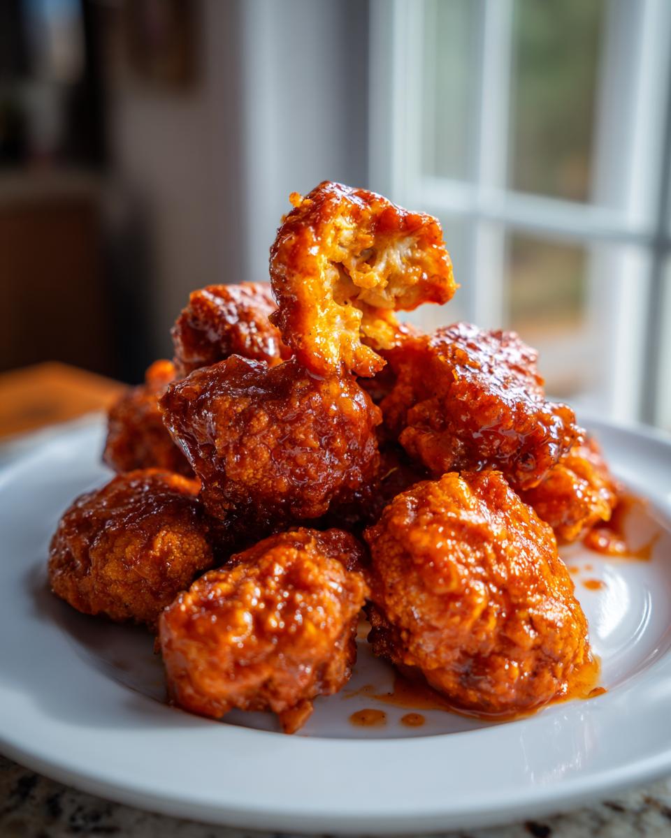 A pile of glistening, saucy buffalo cauliflower bites stacked on a white plate, one piece broken open.