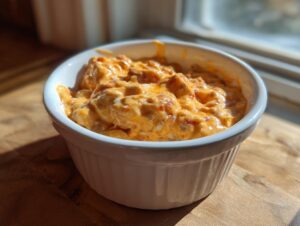 A white ramekin filled with creamy, orange-hued sausage cream cheese dip, sitting on a wooden surface near a window.