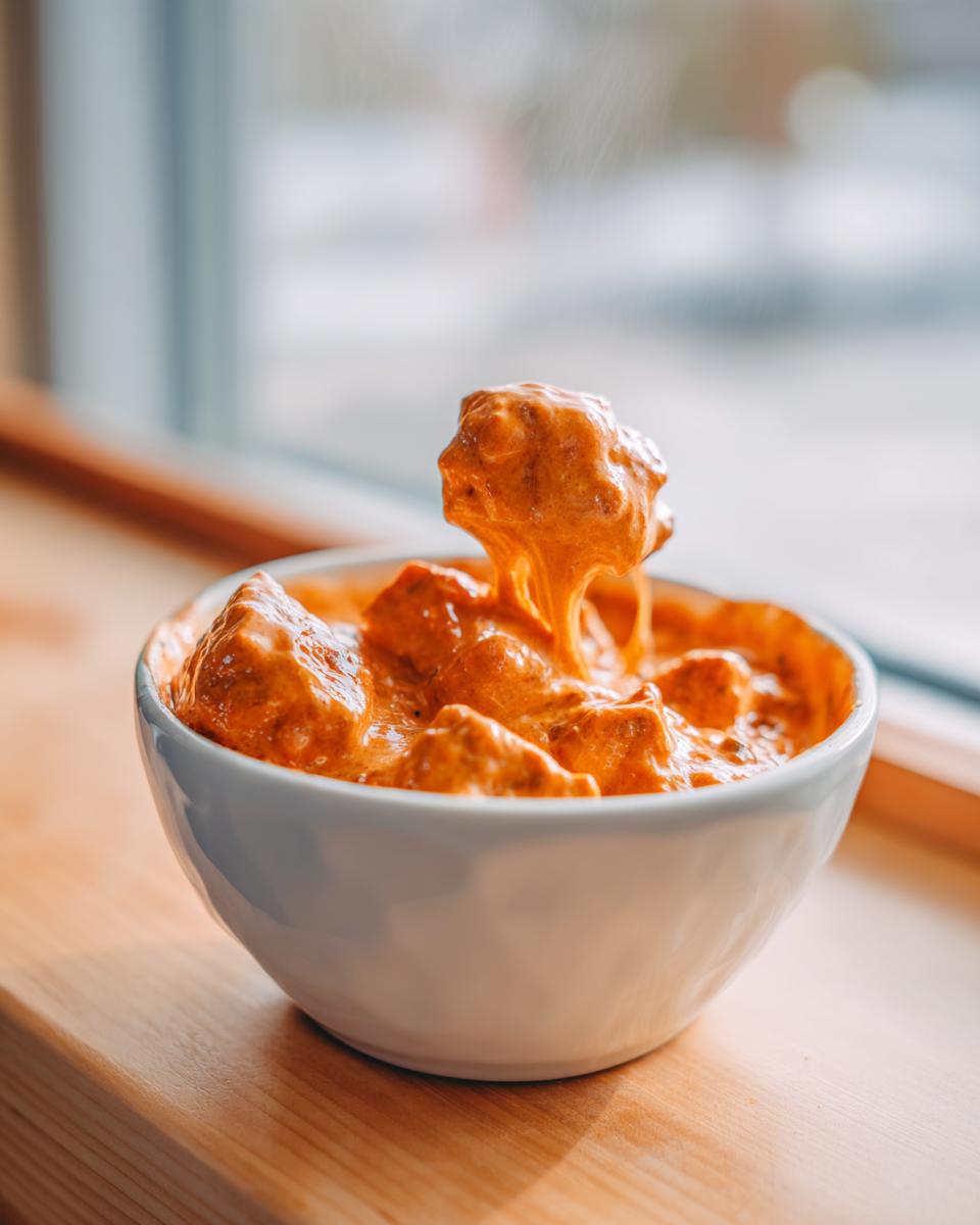 A spoonful of rich, orange sausage cream cheese dip is being lifted from a white bowl.