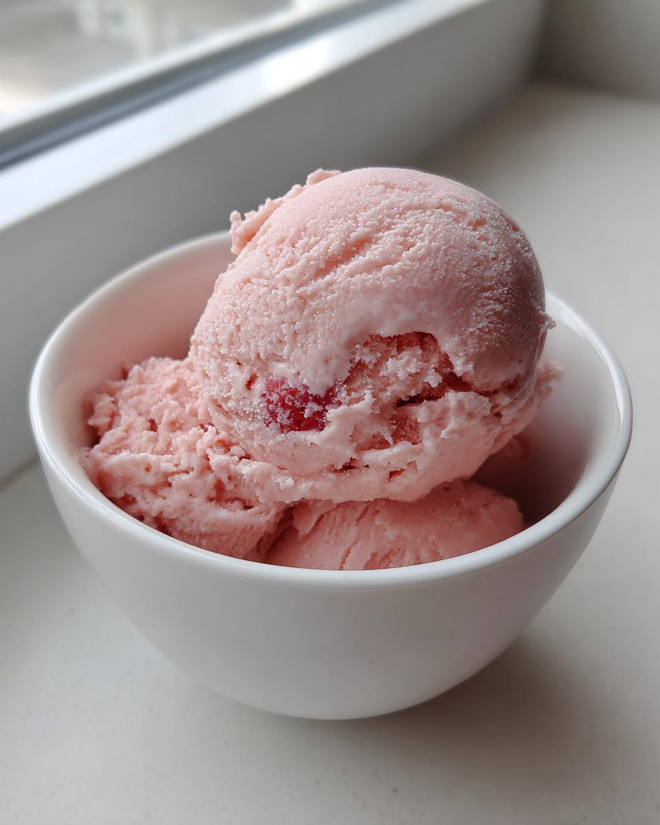 Close-up of several scoops of pink strawberry ice cream with visible fruit pieces in a white bowl.