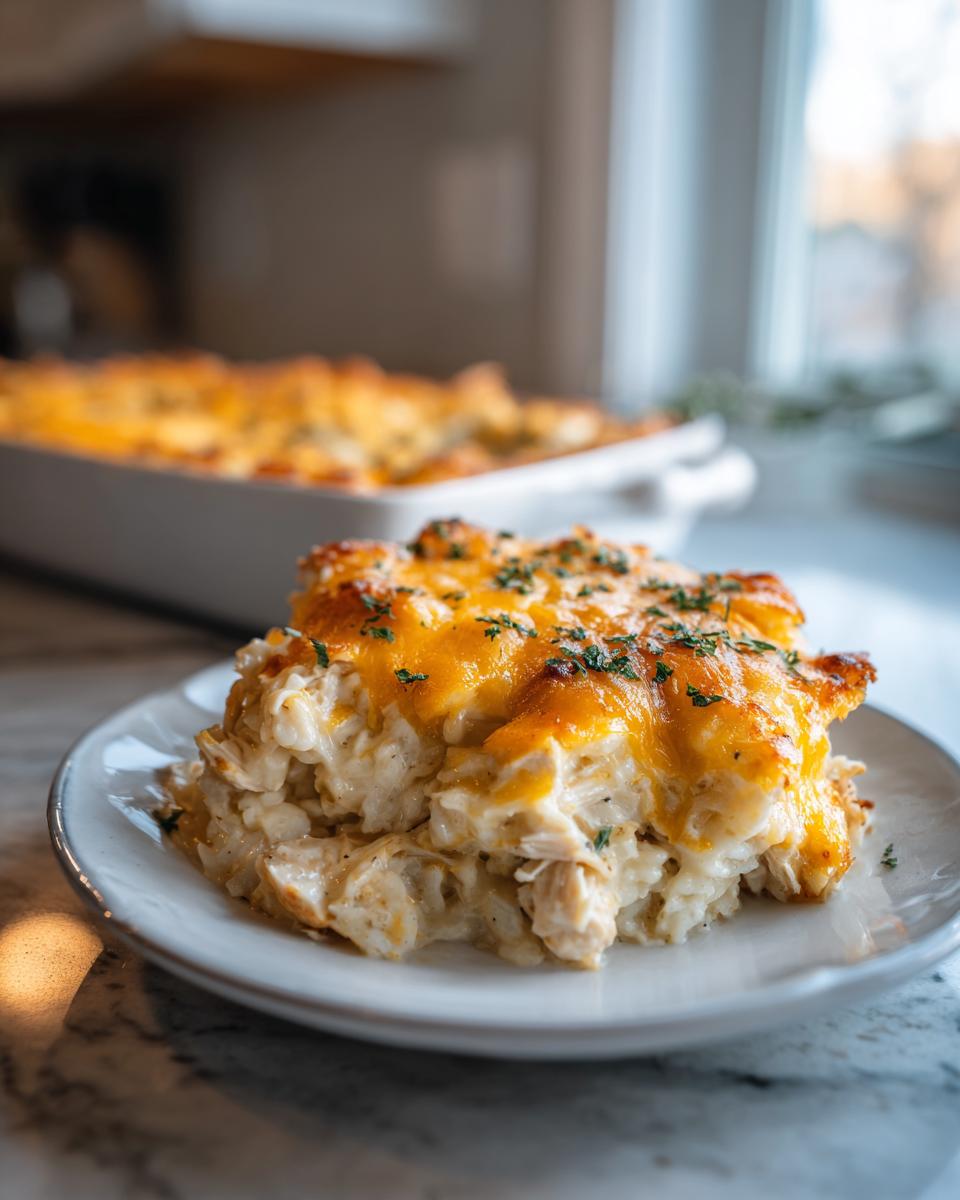 A close-up serving of creamy chicken and rice casserole topped with melted cheddar cheese and parsley.