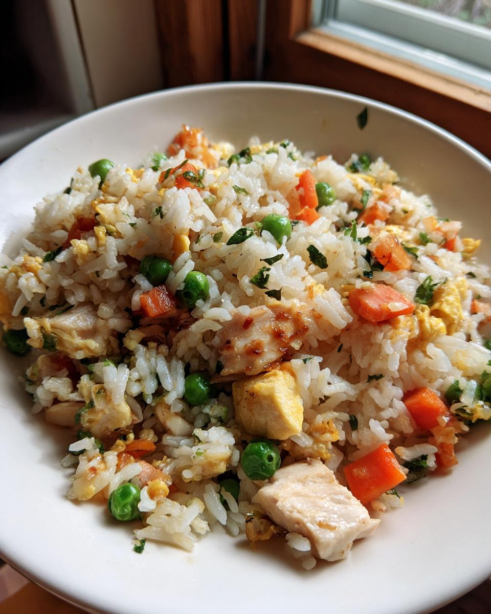 Close-up of a white bowl filled with fresh chicken fried rice, featuring white rice, chunks of chicken, peas, carrots, and scrambled egg.