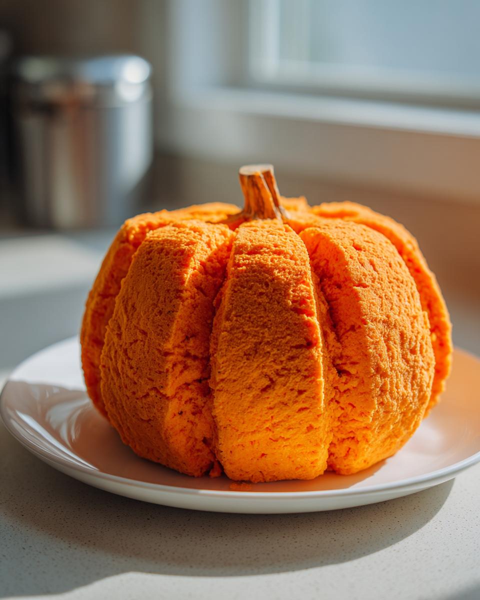 A vibrant orange pumpkin cheese ball shaped like a small pumpkin, sitting on a white plate.