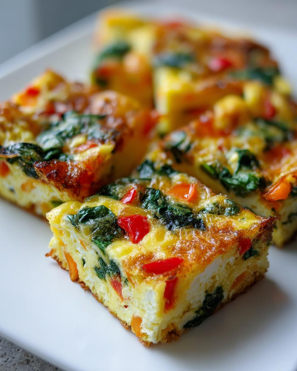 Close-up of several square portions of baked sheet pan eggs loaded with spinach and red peppers.