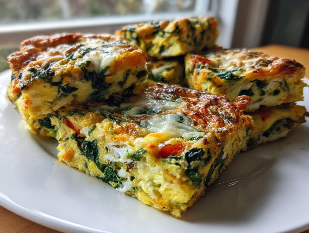 Stacked portions of baked sheet pan eggs loaded with spinach and peppers on a white plate.