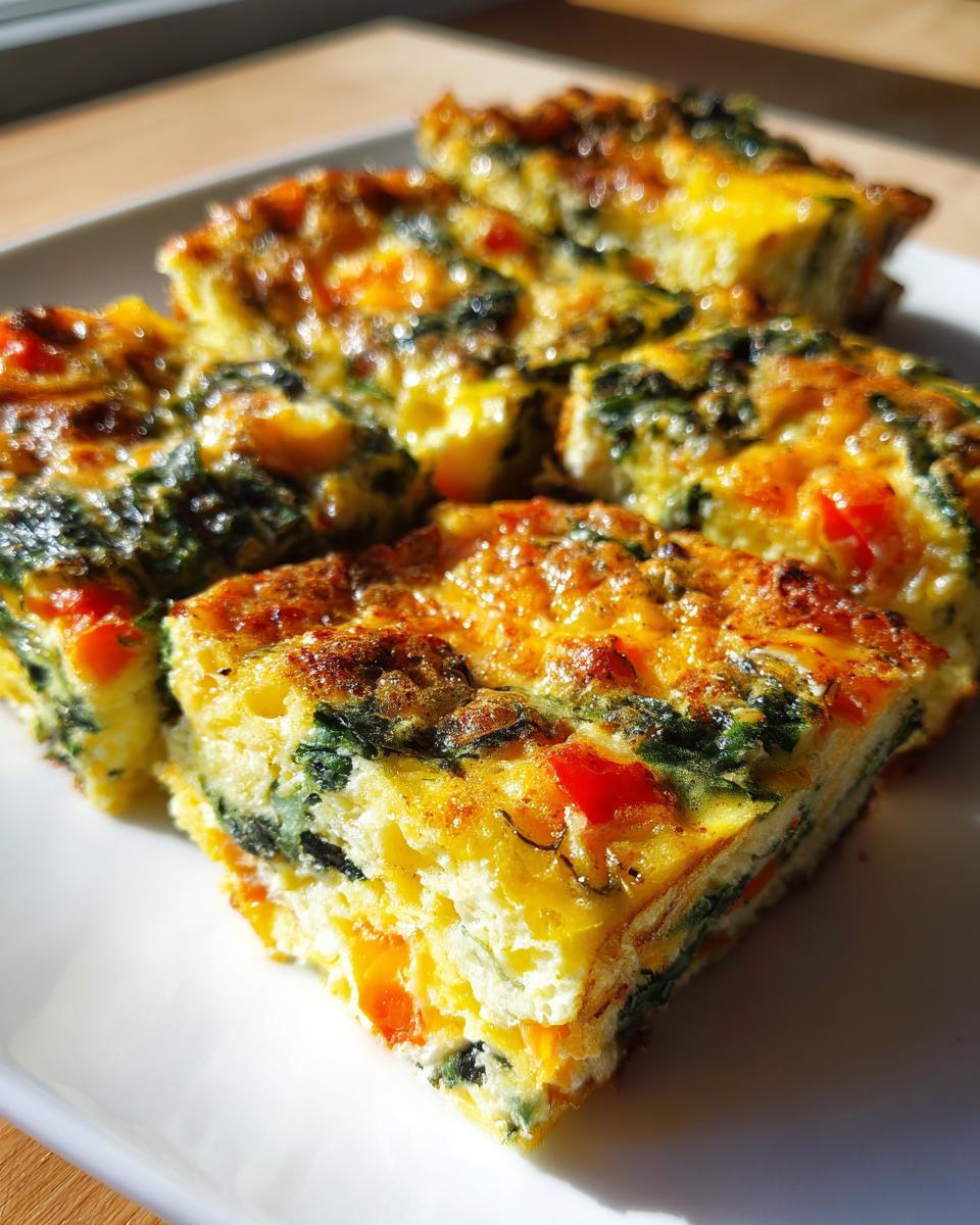 Close-up of several square portions of baked sheet pan eggs loaded with spinach and red peppers on a white plate.
