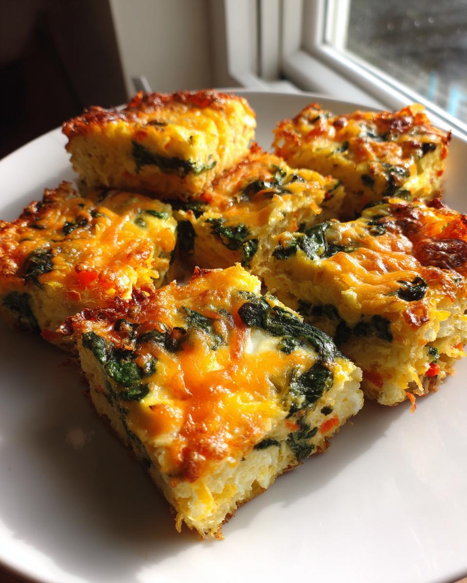 Several squares of baked sheet pan eggs with visible spinach and melted cheddar cheese topping.