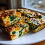 Close-up of cut portions of sheet pan eggs mixed with dark green spinach and bright orange squash pieces.