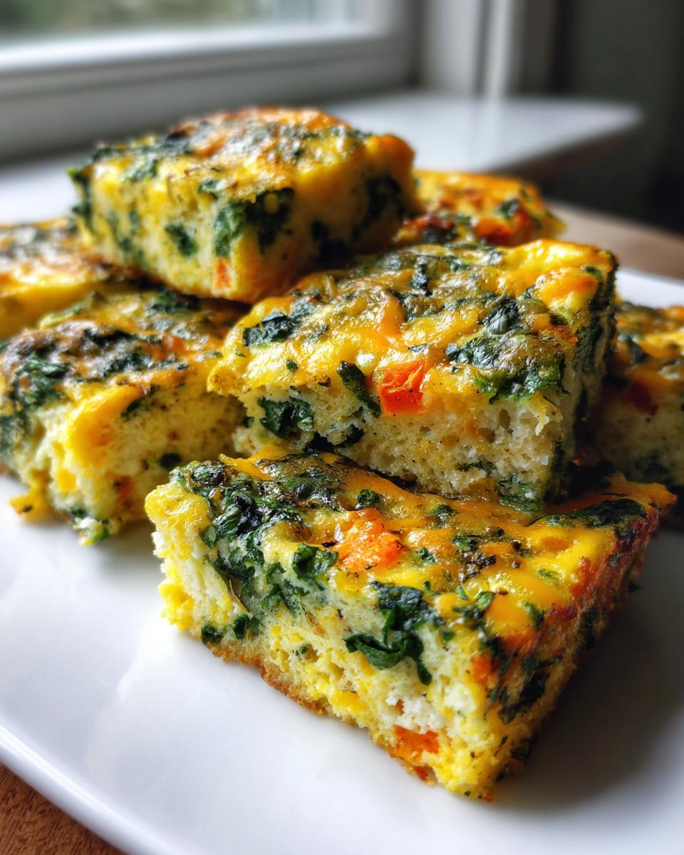 Close-up of several squares of baked sheet pan eggs loaded with spinach and melted cheese.