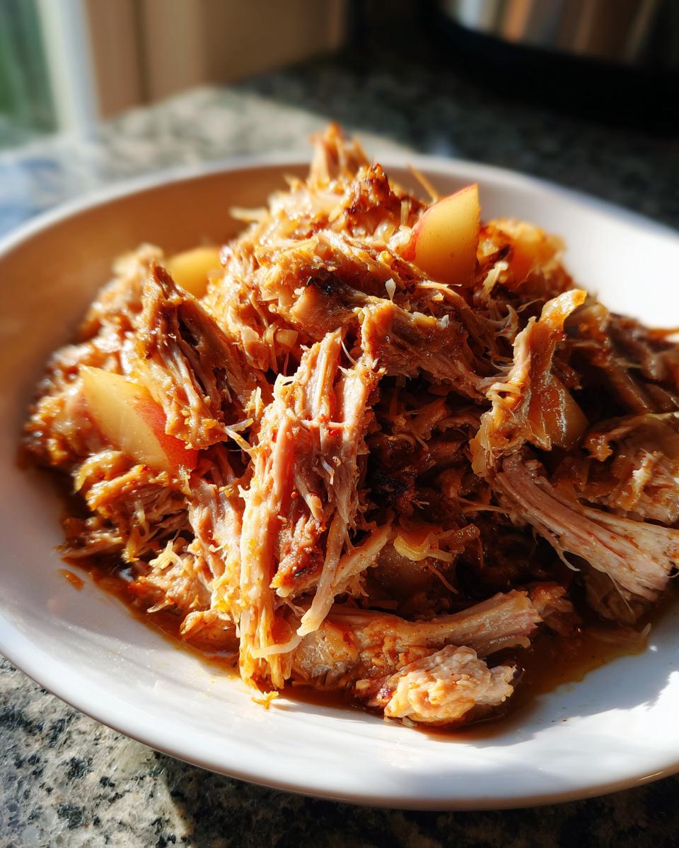 Close-up of tender, shredded pork and sauerkraut mixture with visible chunks of apple in a white bowl.
