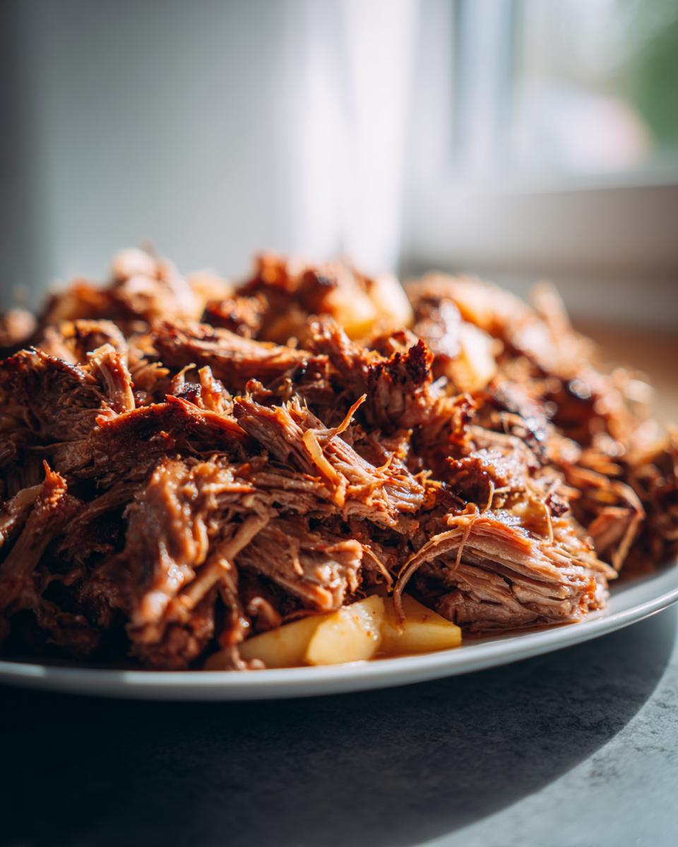 Close-up of tender, shredded pork and sauerkraut served on a white plate, ready to eat.
