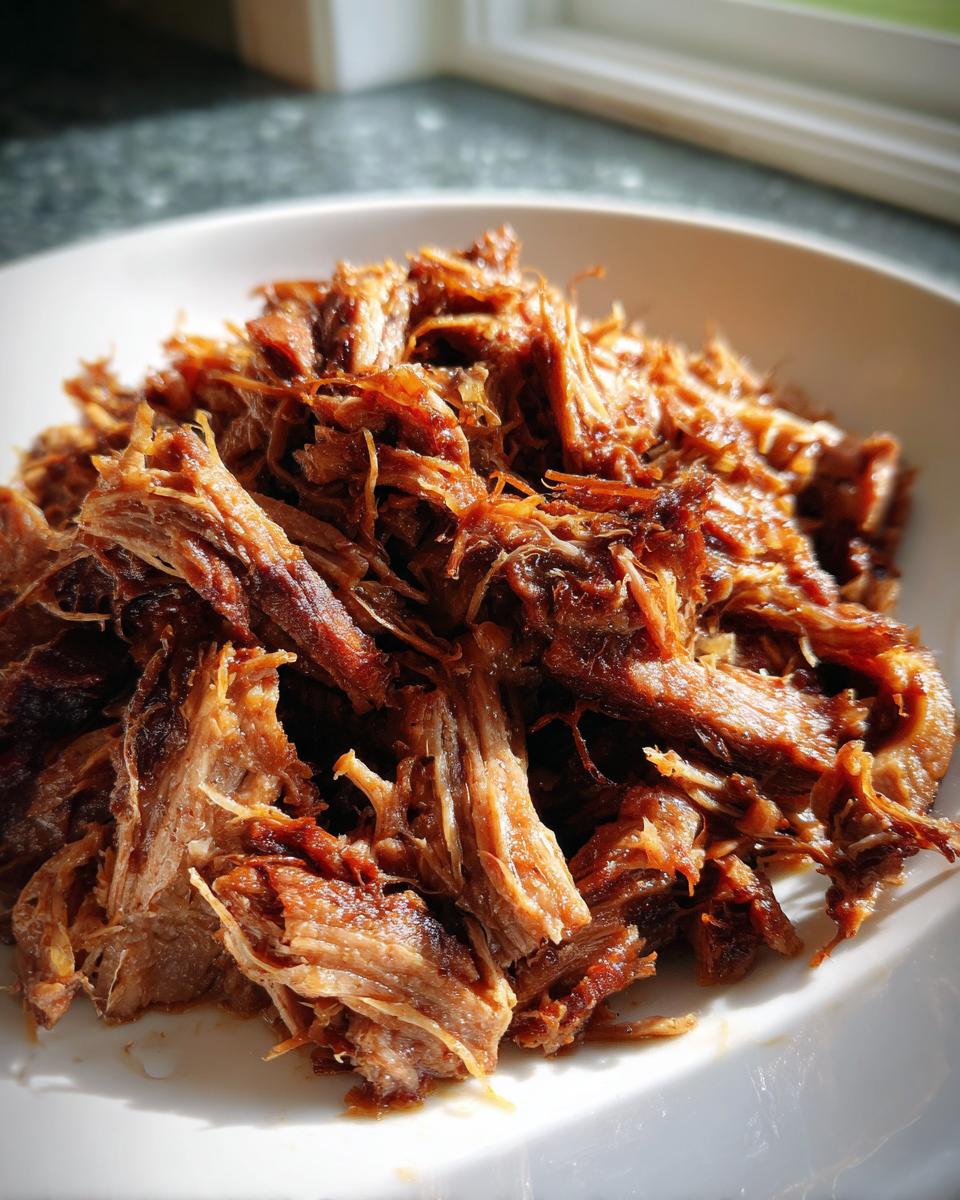 Close-up of richly browned, shredded pork meat served in a white bowl, ready for pork and sauerkraut.
