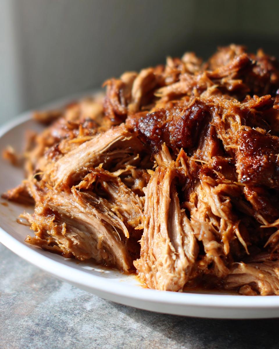 Close-up of tender, shredded pork meat ready to be served with pork and sauerkraut.