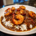 A close-up of rich, dark shrimp etouffee served over white rice, topped with perfectly cooked shrimp.