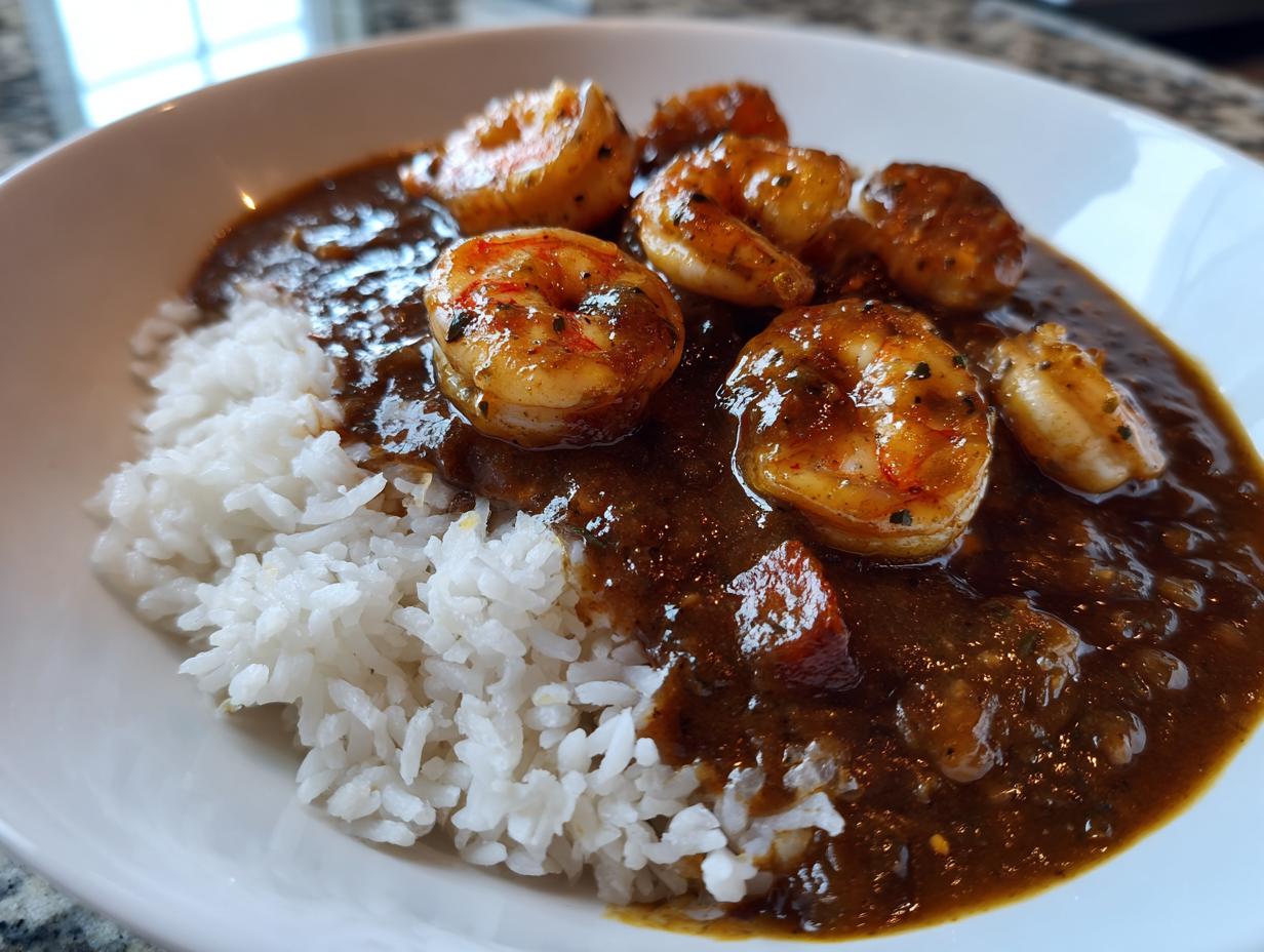 A close-up of a bowl of rich, dark shrimp etouffee served next to fluffy white rice, featuring seasoned shrimp.