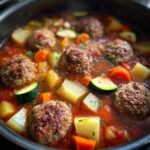 Close-up of simmering albondigas soup featuring browned meatballs, potatoes, carrots, and zucchini in a rich tomato broth.