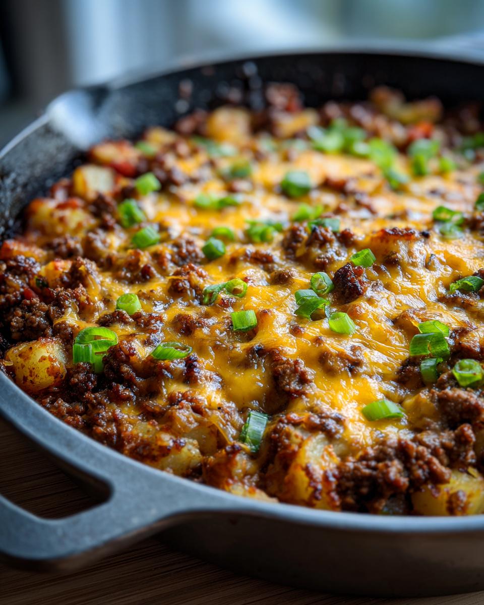 Close-up of a cast iron skillet filled with Cheesy Taco Potatoes topped with melted cheddar and sliced green onions.