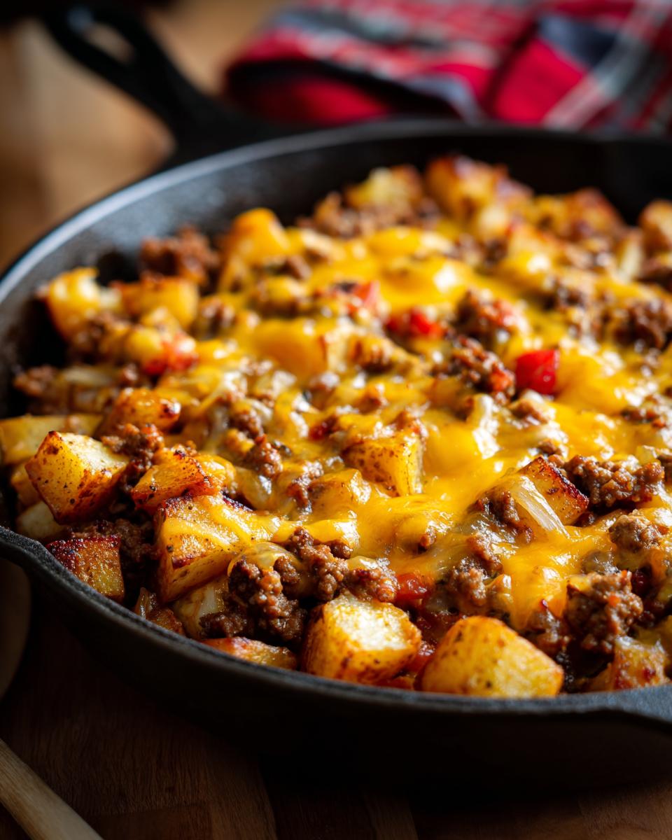 Close-up of Cheesy Taco Potatoes mixed with seasoned ground beef and melted cheddar cheese in a black cast iron skillet.