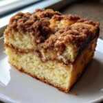 Close-up of a square slice of moist coffee cake featuring a thick, crumbly cinnamon streusel topping.