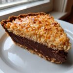 A perfect slice of german chocolate pie showing a rich chocolate layer topped with toasted coconut.