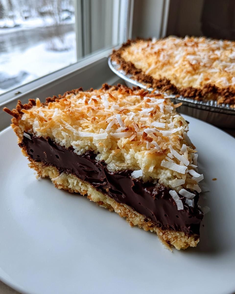 Close-up of a slice of german chocolate pie showing rich dark filling and toasted coconut topping.
