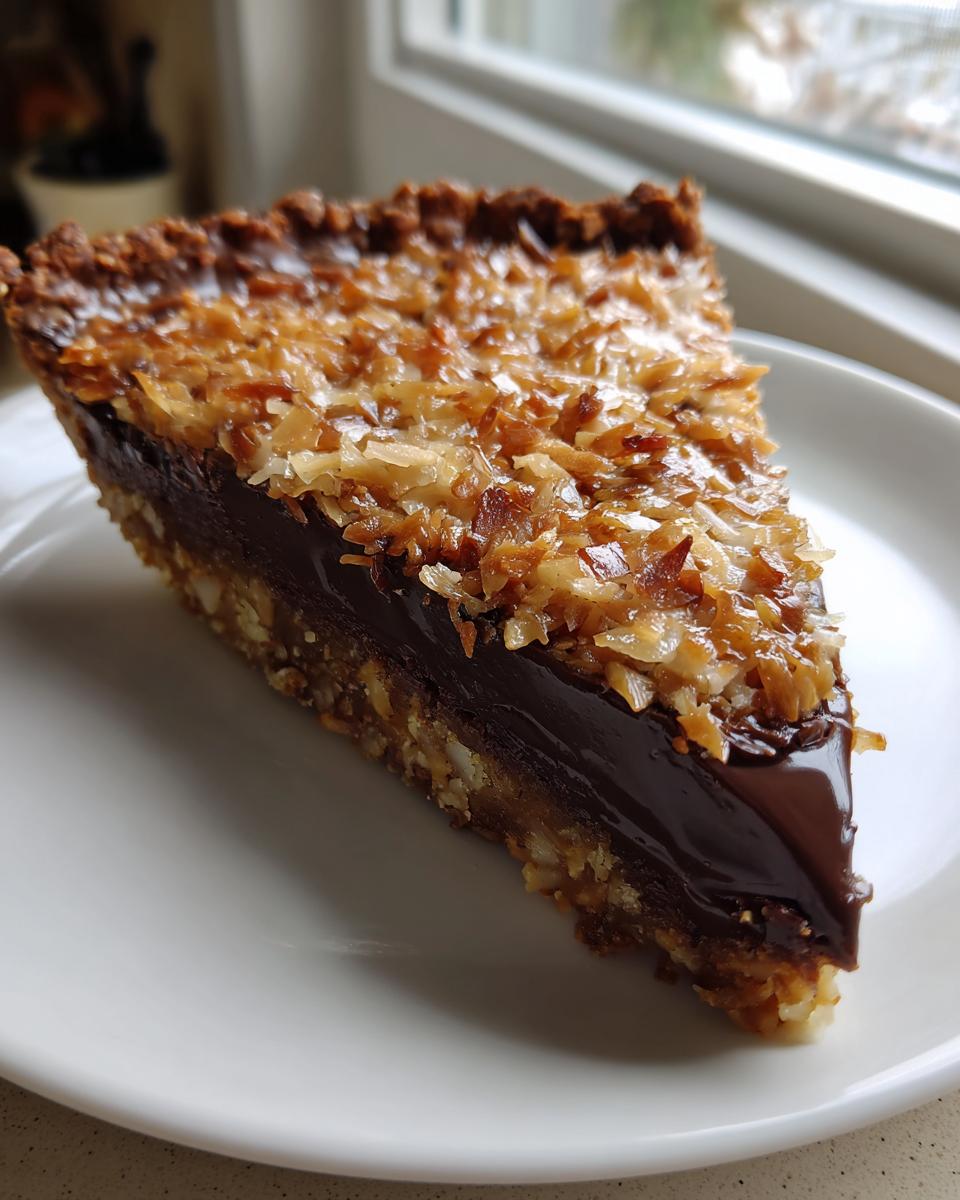 A close-up slice of decadent german chocolate pie featuring a thick chocolate layer and toasted coconut topping on a white plate.