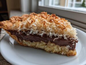 A close-up slice of german chocolate pie showing a thick chocolate layer and toasted coconut topping on a white plate.