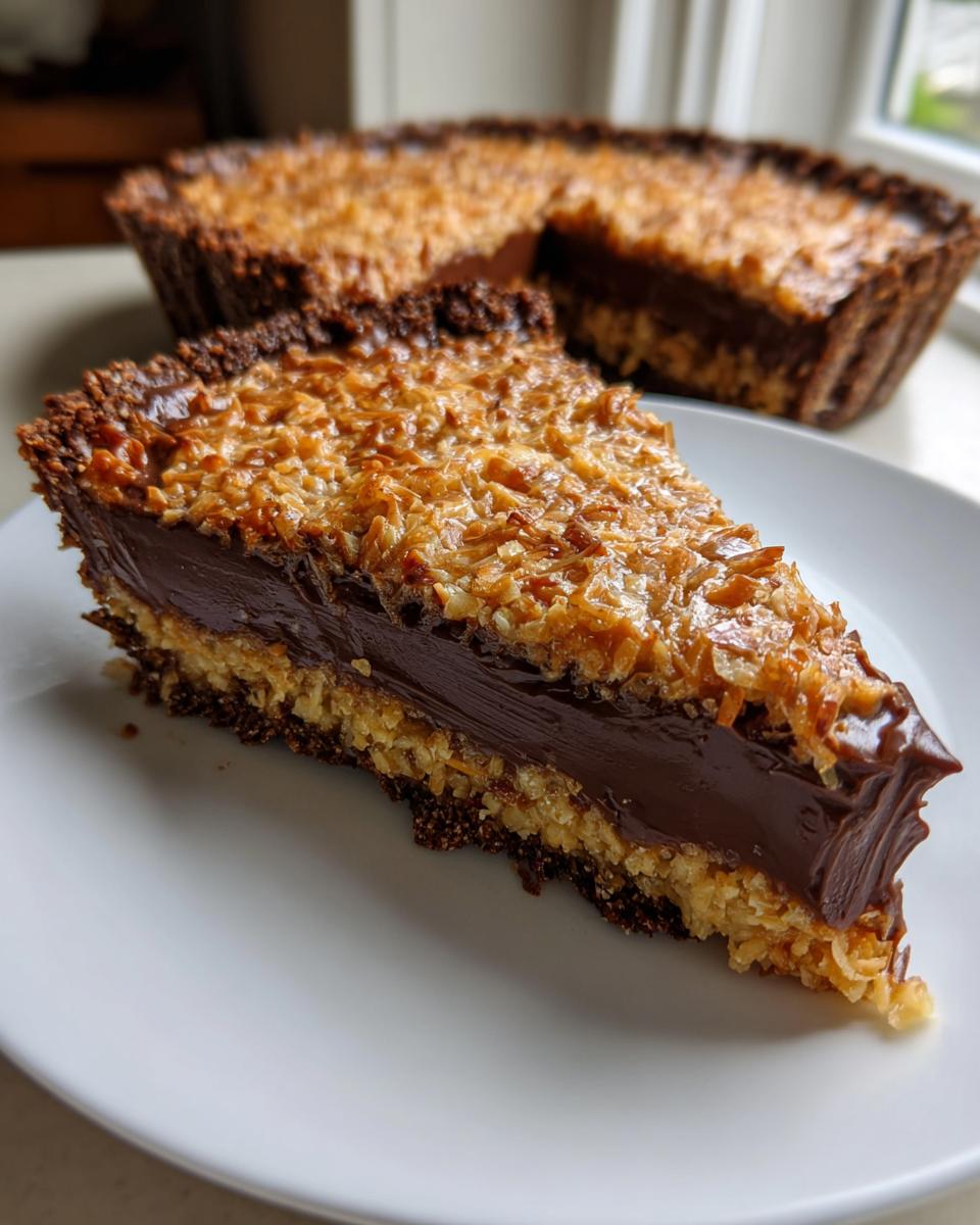 A decadent slice of german chocolate pie featuring a dark chocolate filling and toasted coconut pecan topping, served on a white plate.