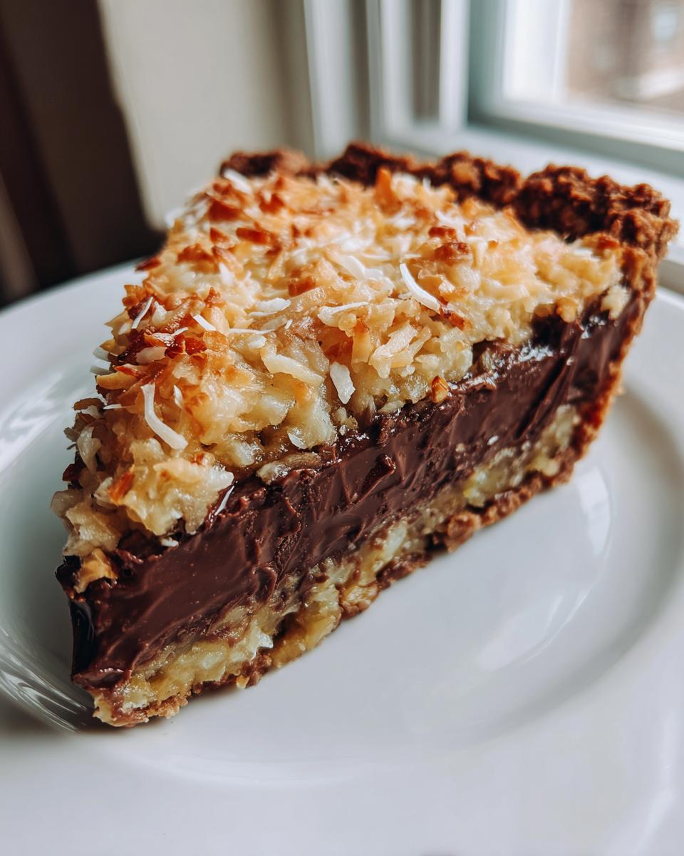 A close-up slice of rich german chocolate pie featuring a dark chocolate filling and toasted coconut topping on a white plate.