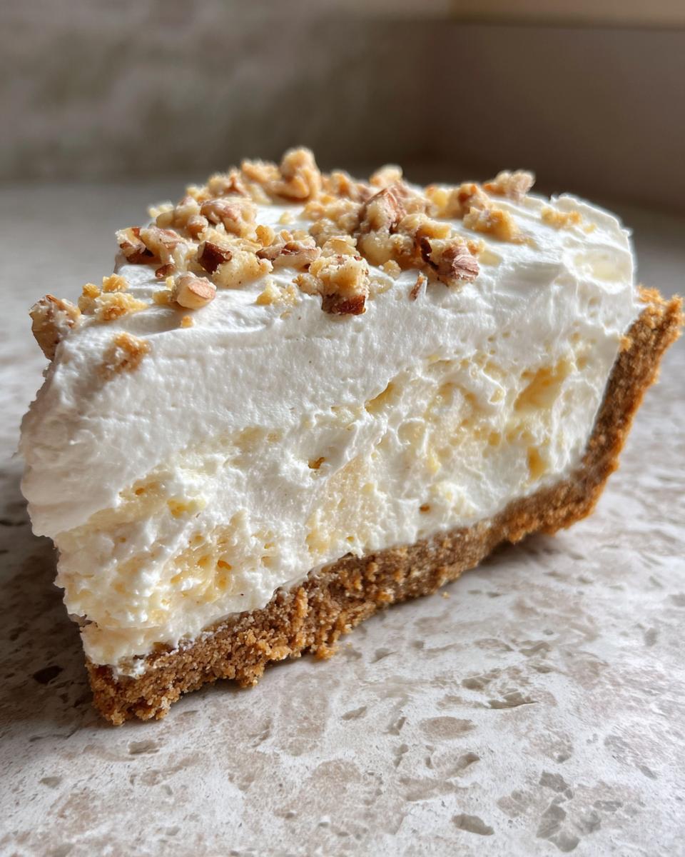 Close-up of a thick slice of Million Dollar Pie showing the graham cracker crust, creamy filling, and chopped nut topping.