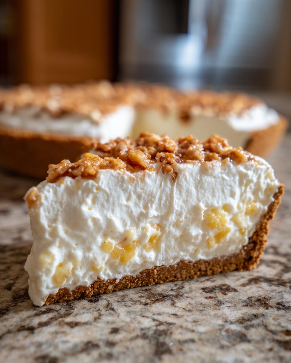 Close-up of a slice of million dollar pie showing a thick, creamy filling with pineapple chunks and a crunchy nut topping on a graham cracker crust.