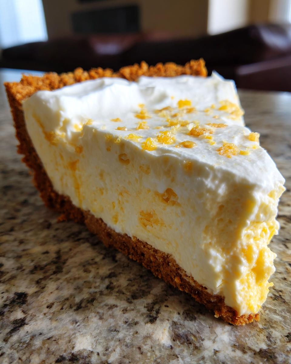 A thick slice of creamy Million Dollar Pie with a graham cracker crust, topped with whipped cream and orange zest.