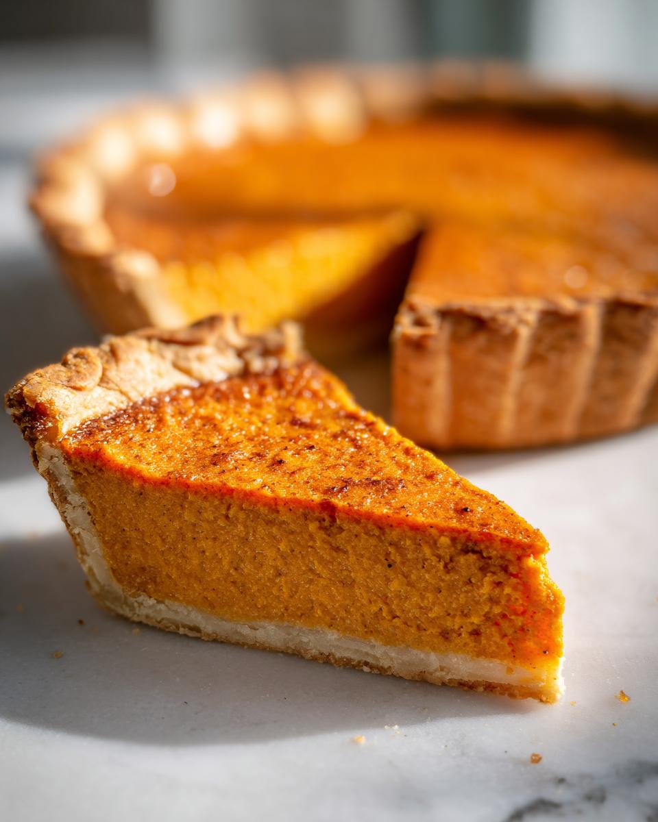 A close-up slice of rich, orange sweet potato pie resting on a white surface with the rest of the pie blurred in the background.