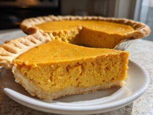 A close-up of a thick slice of vibrant orange sweet potato pie resting on a white plate, with the rest of the sweet potato pie visible in the background.