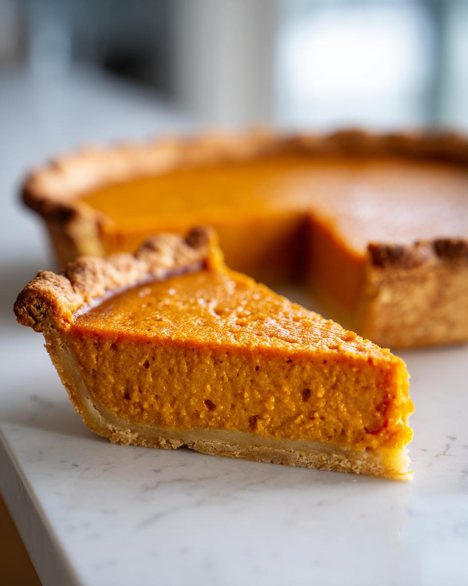 A close-up of a perfect slice of orange sweet potato pie with a flaky crust, resting on a white marble surface.