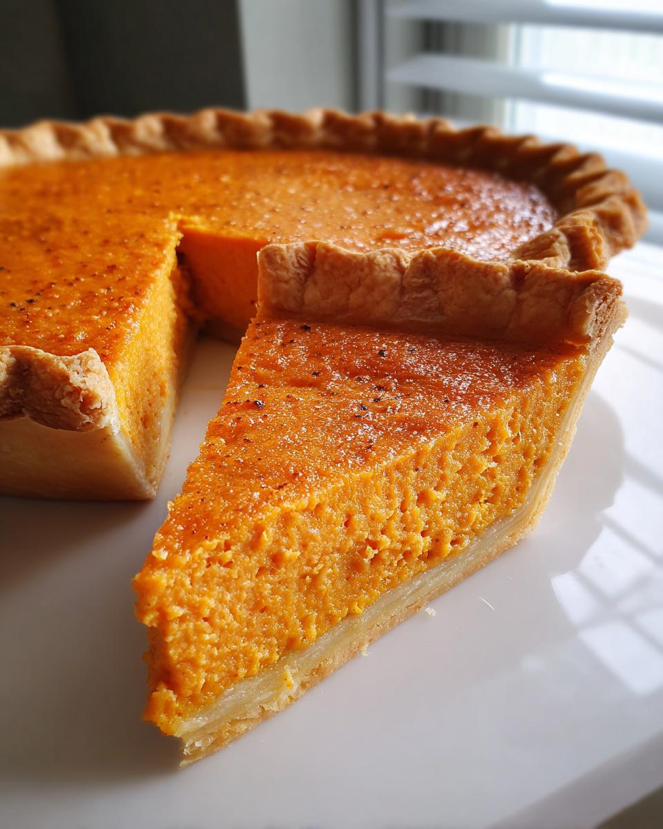 A close-up of a perfect slice of bright orange sweet potato pie resting on a white plate next to the rest of the pie.