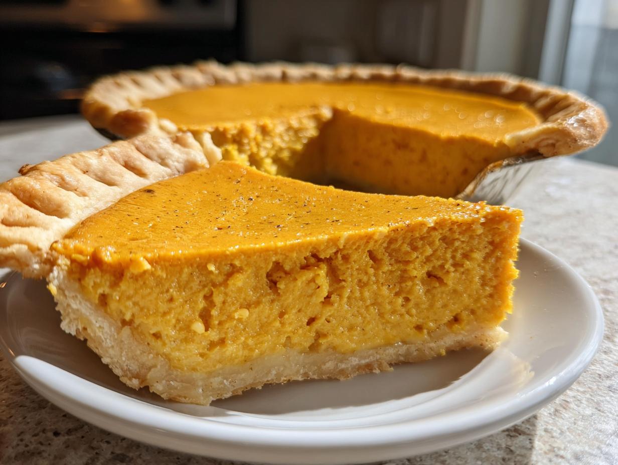 A close-up of a thick slice of vibrant orange sweet potato pie resting on a white plate, with the rest of the sweet potato pie visible in the background.