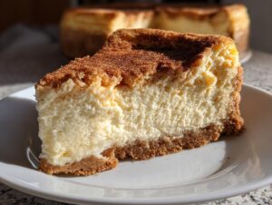 A thick slice of creamy snickerdoodle cheesecake topped generously with cinnamon sugar, served on a white plate.