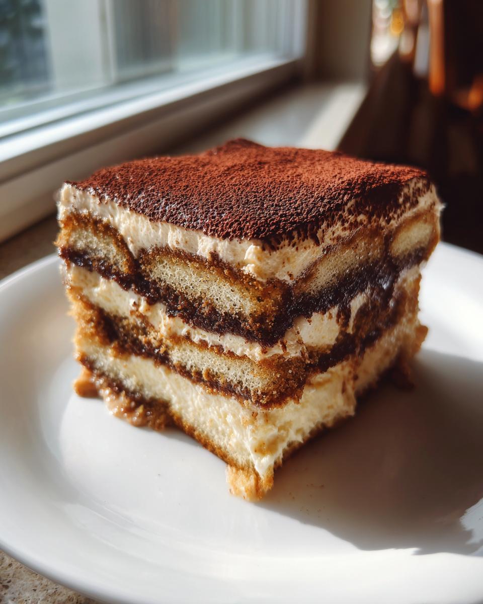 A perfectly layered slice of tiramisu cheesecake dusted heavily with cocoa powder, sitting on a white plate by a window.