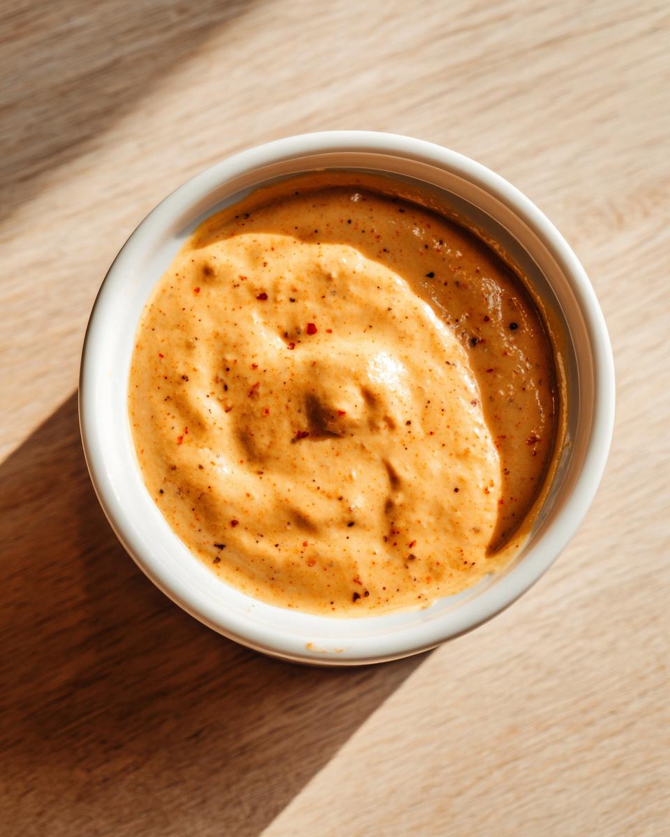 Overhead view of creamy, orange-hued smash burger sauce speckled with spices in a small white ramekin.