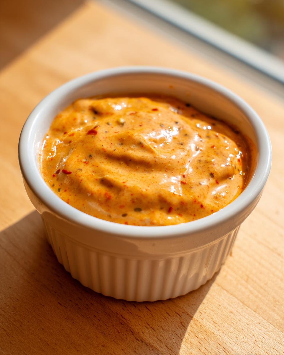 A close-up shot of creamy, orange-hued smash burger sauce speckled with spices, served in a small white ramekin.