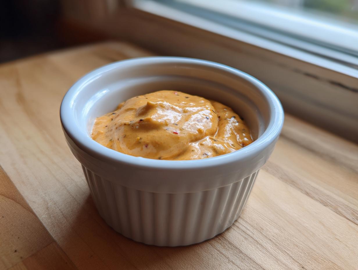 Close-up of creamy, orange-hued smash burger sauce speckled with spices, served in a small white ramekin.