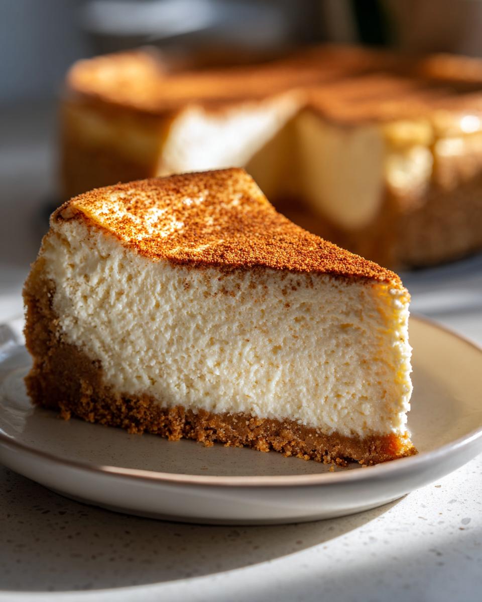 A perfect slice of snickerdoodle cheesecake with a thick graham cracker crust and a dusting of cinnamon sugar on top.