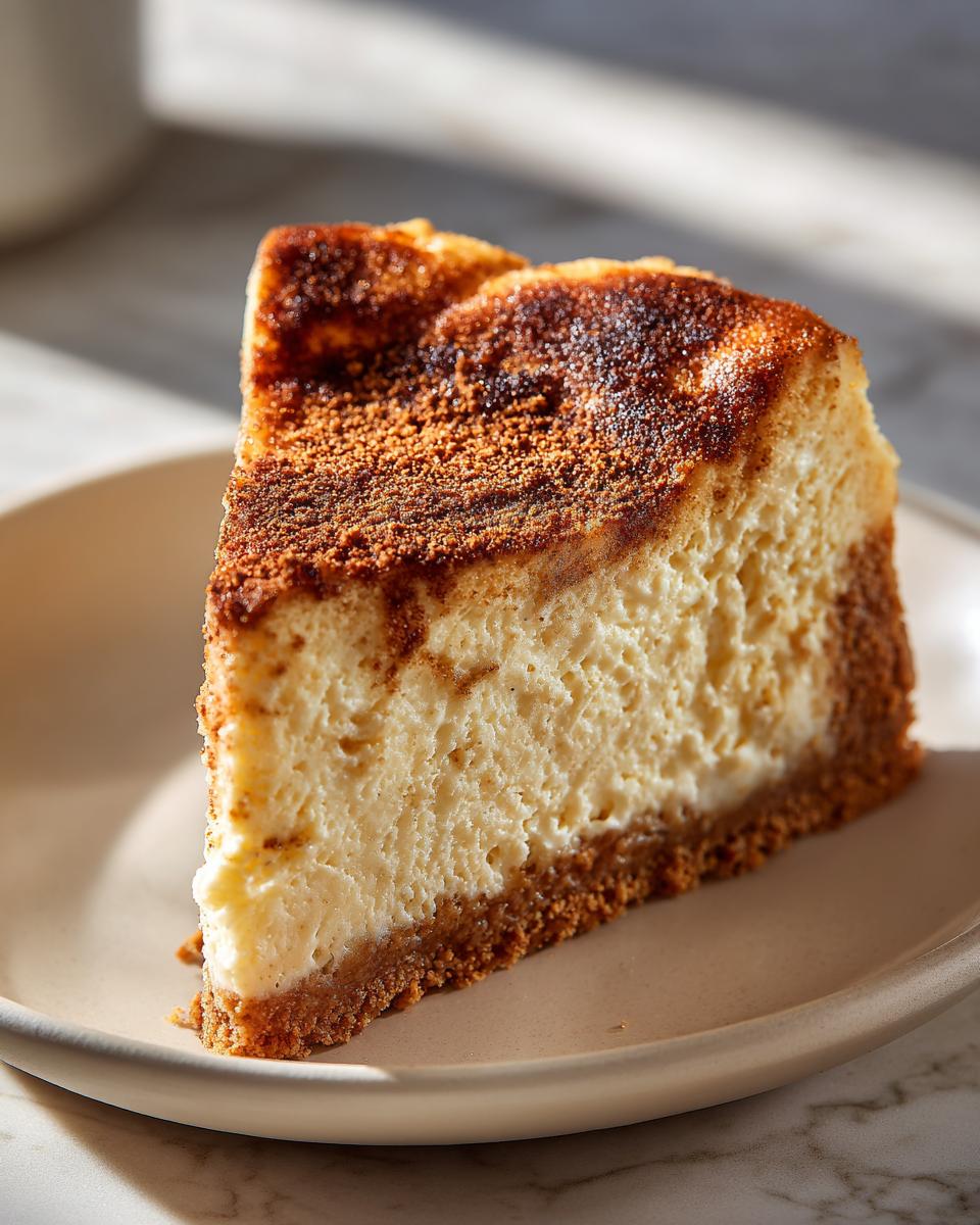 A perfect slice of snickerdoodle cheesecake showing a creamy interior and a rich, cinnamon-sugar topping.