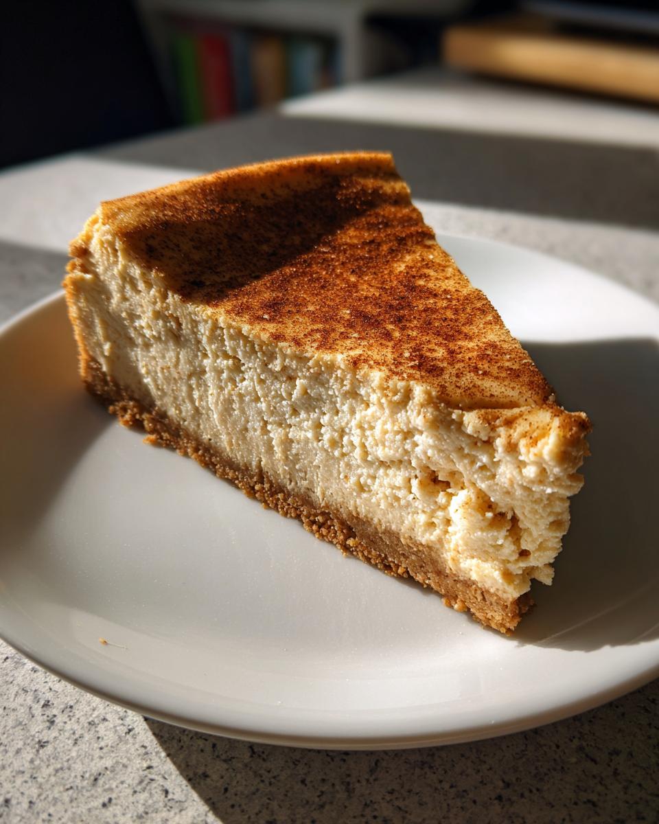 A perfect slice of creamy snickerdoodle cheesecake with a graham cracker crust, dusted heavily with cinnamon.