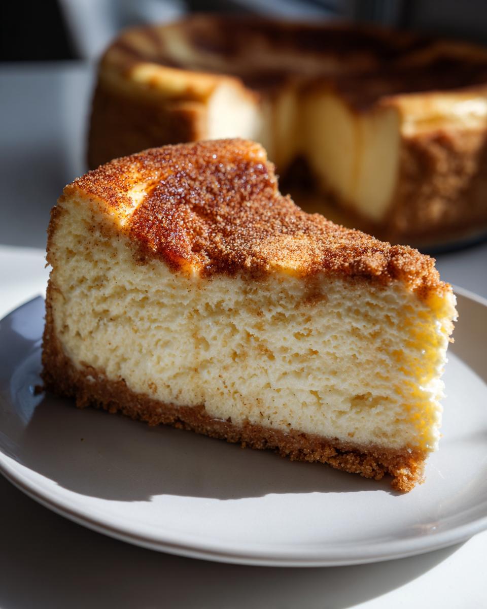 A close-up slice of rich snickerdoodle cheesecake with a thick cinnamon-sugar topping resting on a white plate.