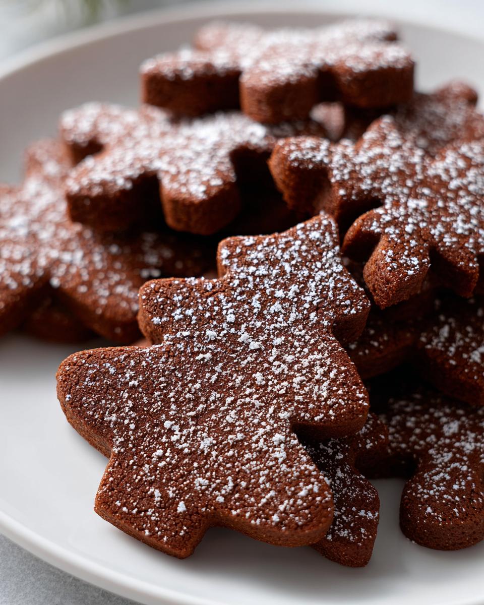 A close-up of a pile of dark brown, soft gingerbread cookies shaped like gingerbread men, lightly dusted with powdered sugar.
