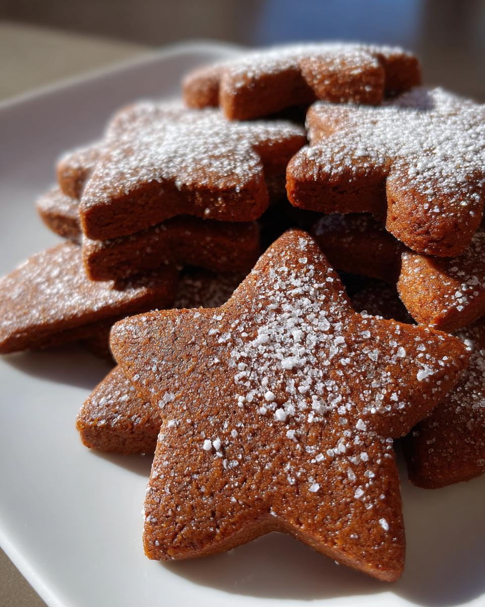 A close-up stack of star-shaped soft gingerbread cookies dusted generously with powdered sugar.