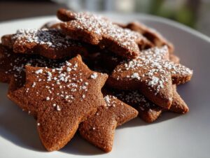 A close-up of a pile of star-shaped soft gingerbread cookies dusted lightly with white powdered sugar.