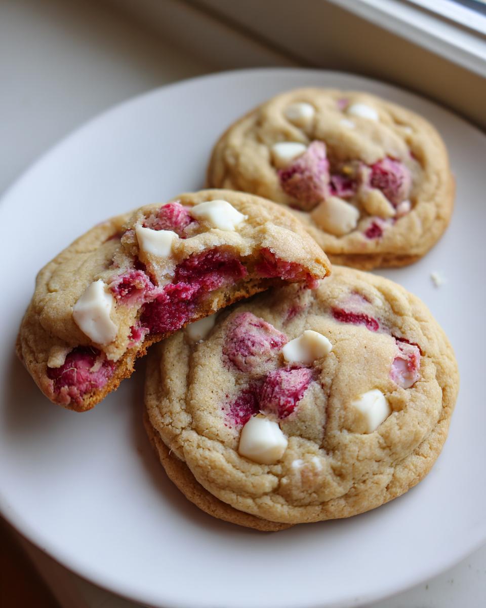 Close-up of soft white chocolate raspberry cookies, one broken open showing the gooey center.
